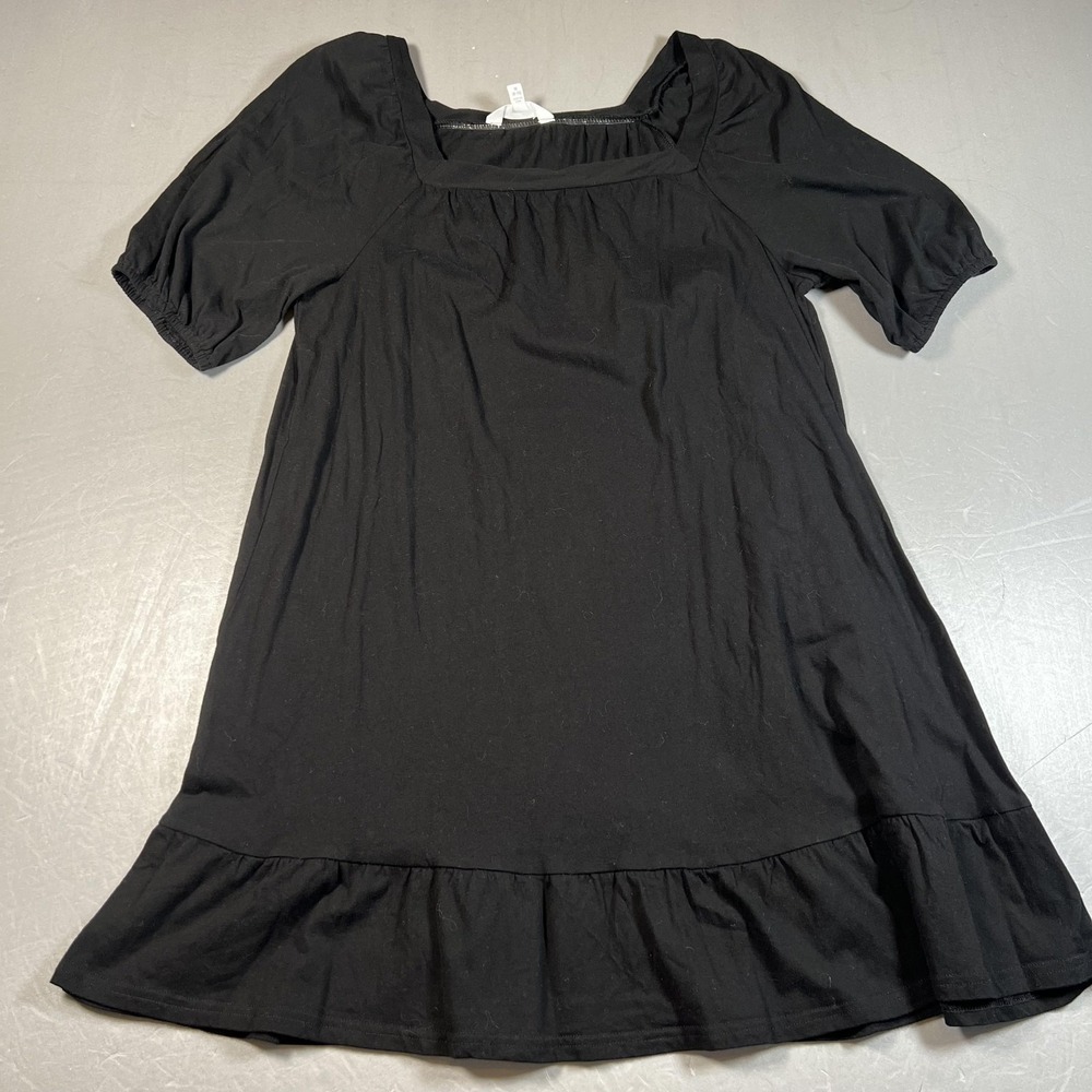 Time And Tru Dress Womens Medium Black Puff Sleeve Square Neck Ruffle Hem Casual